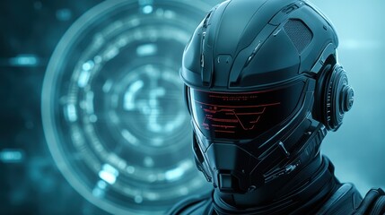 Fototapeta premium Man in futuristic helmet, a glimpse into the future of technology and headwear design