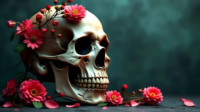 Animated skull with flowers on a dark background