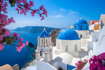 Bougainvillea framing iconic blue domed churches overlooking the caldera in oia, santorini, greece