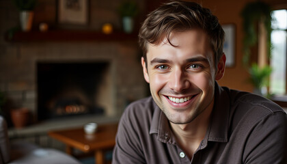 Fototapeta premium A cheerful young man smiling warmly in a cozy living room setting.