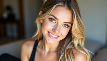 Obraz premium A cheerful young woman smiling brightly in a cozy indoor setting.