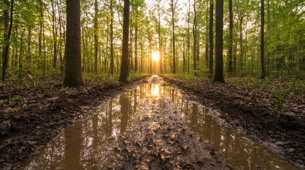 Obraz premium A serene forest scene at sunset, featuring a muddy path reflecting warm light through lush green trees, creating a tranquil atmosphere.