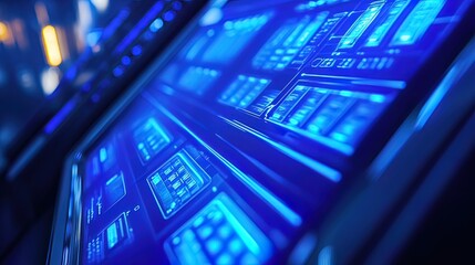 Close-up of futuristic blue digital interface screen with glowing buttons and data.