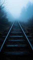 Fototapeta premium An abandoned train track disappearing into the fog, creating a haunting atmosphere.