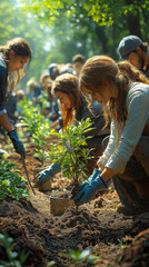 A group of volunteers planting trees together in a park, emphasizing teamwork, community action, and environmental care, with a bright and lively atmosphere.
