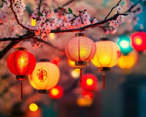 Obraz premium Colorful Lanterns Hanging Among Cherry Blossoms at Night Scene