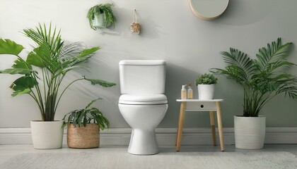 Fototapeta premium Interior of room with white commode, stool and plants, decor
