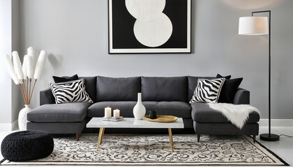 living room with grey couch and modern stand lamp