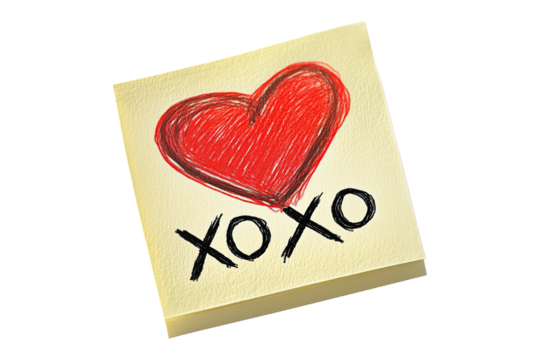 Hand drawn red heart sketch with XO XO text below placed on a yellow textured paper isolated on white transparent background. Concept of love and affection