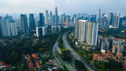 Obraz premium City aerial view skyscrapers highway green trees