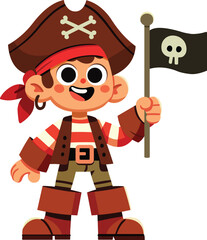 Cheerful Cartoon Pirate Kid Holding a Skull Flag