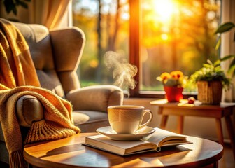 Autumn's embrace: a book, warm tea, and cozy living room relaxation.