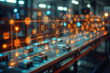 Futuristic network visualization in a high-tech manufacturing facility