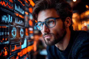 Cybersecurity expert analyzing data in a high-tech control room with digital interfaces