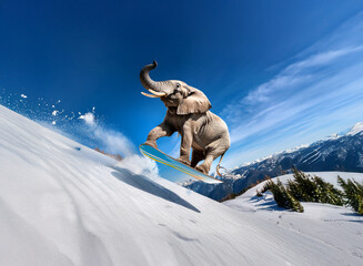 A majestic elephant gracefully snowboards down a snowy mountain slope under a vibrant blue sky.  The scene is whimsical and unexpected.