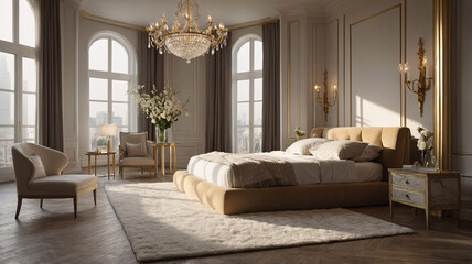 Fototapeta premium Bright and inviting living room with beige earth tone furniture neutral color bed abstract artwork on the wall and large windows Contemporary Interior Design Livingroom Inspiration