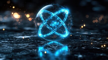 Obraz premium Mesmerizing Quantum Atom: A Glowing Blue Sphere in a Dark Universe. Abstract Science and Technology Digital Art