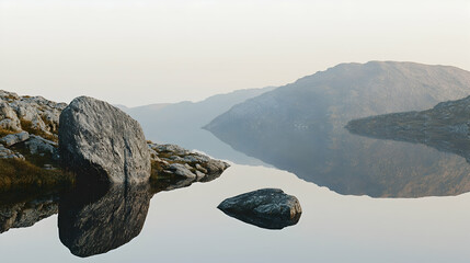 Serene mountain lake reflecting hills, calm water, large rock, misty sunrise, tranquil landscape, nature photography.