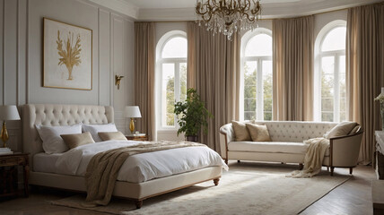 Chic and inviting contemporary living room with neutral color bed beige earth tone furniture abstract artwork and expansive windows Contemporary Interior Design Livingroom Inspiration