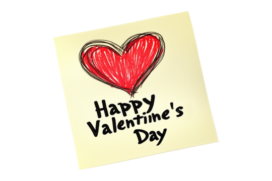 Hand drawn red heart sketch with Happy Valentine's Day Mine text below placed on a yellow textured paper isolated on white transparent background. Concept of love and affection