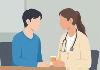 Doctor attentively listens, offering prescription, quiet hope in a muted office setting