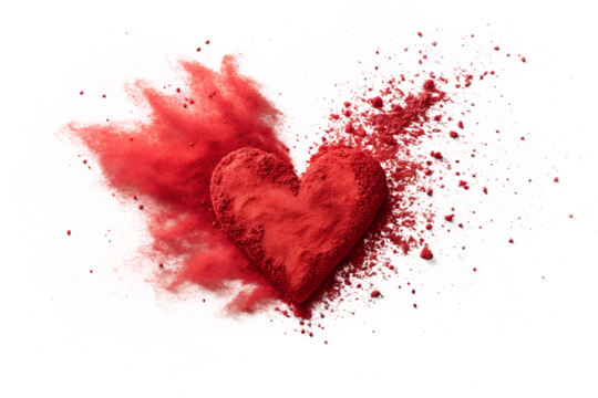 red powder explosion in heart shape isolated on white or transparent png