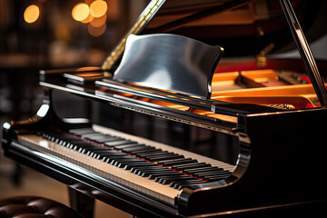 A polished black grand piano takes center stage in a softly lit interior. The keys gleam, suggesting a moment of musical inspiration. An elegant instrument ready to create.
