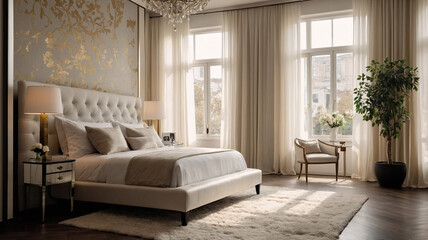 Cozy contemporary living room with neutral color bed beige earth tone furniture large windows and abstract wall art Contemporary Interior Design Livingroom Inspiration