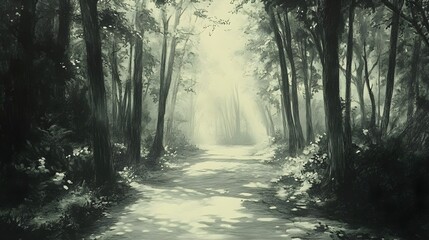 Fototapeta premium A rough outline of a forest path with light filtering through pencil-shaded trees.