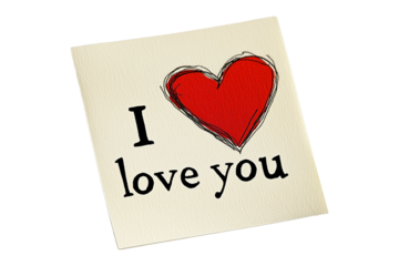 Hand drawn red heart sketch with I Love You text below placed on a yellow textured paper isolated on white transparent background. Concept of love and affection