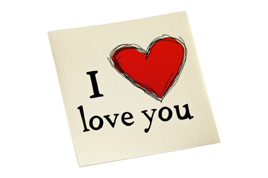 Hand drawn red heart sketch with I Love You text below placed on a yellow textured paper isolated on white transparent background. Concept of love and affection