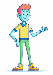 Male character pointing to the side, with a thoughtful expression and hand extended sideways. Flat vector, white background
