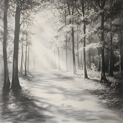 Obraz premium A rough outline of a forest path with light filtering through pencil-shaded trees.