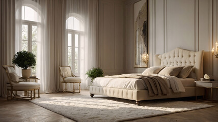 contemporary design with beige earth tone furniture large windows neutral color bed and abstract painting on the wall Contemporary Interior Design Livingroom Inspiration
