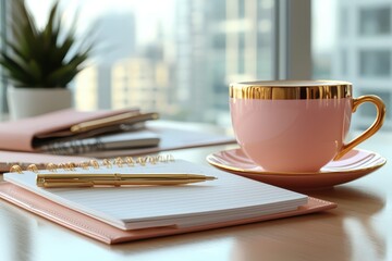 Chic cozy workspace with polished desk and high fidelity city view inspirational environment