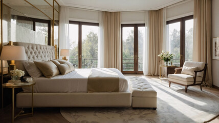 Elegant contemporary living room with neutral color bed beige earth tone furniture abstract painting and large windows Contemporary Interior Design Livingroom Inspiration
