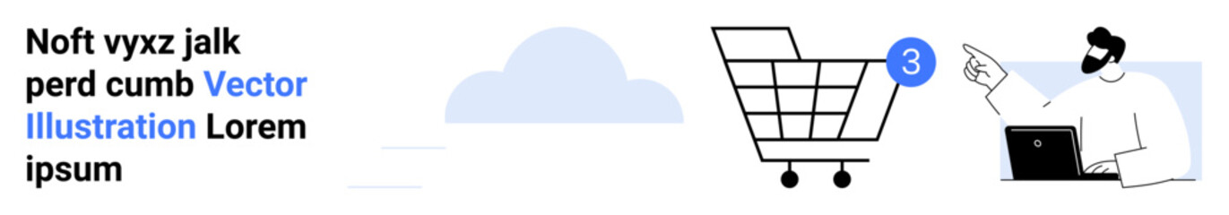 Shopping cart with number badge, male customer support representative on a laptop with speech bubble for assistance. Ideal for online shopping themes, customer service, e-commerce solutions, digital