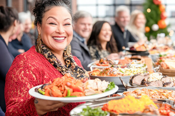 Naklejka premium Cheerful woman holding a plate of food at a festive gathering, symbolizing joy, community, and shared celebrations. 
