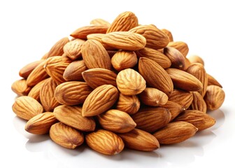 Fototapeta premium Crisp macro shot: peeled and unpeeled almonds isolated on pure white. Perfect food photography.