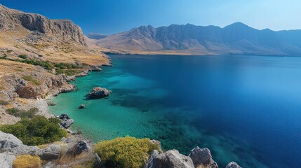 Coastal panorama turquoise bay, rocky shore, mountain backdrop, sunny day, travel brochure