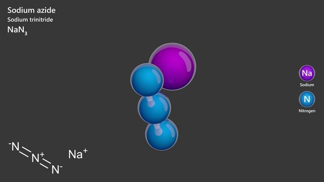 Sodium Azide. Animated 3D model of a molecule. Molecular formula: NaN3. Chemical model: Ball and sticks. Gray background. 3D rendering. Seamless loop.