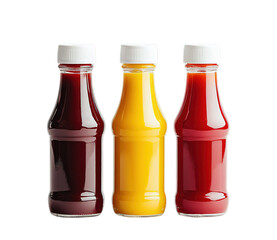 lank mockup of three white ketchup bottles, a yellow mustard bottle, and a red tomato sauce bottle 