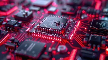 Futuristic electronic circuit board with glowing red elements for technology design