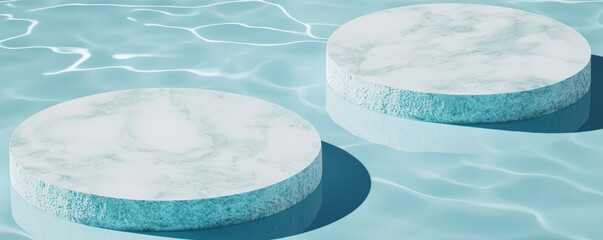 Artistic frozen water elements and stylish platforms on blue hues perfect for high-end skincare launches spa branding or eco-conscious product lines