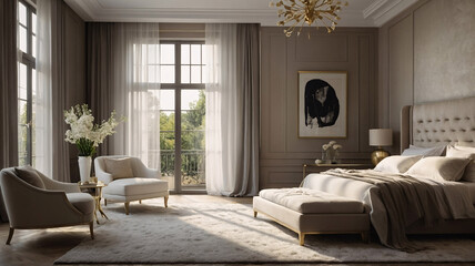 Modern and stylish design with beige earth tone furniture large windows neutral color bed and abstract artwork above the bed Contemporary Interior Design Livingroom Inspiration