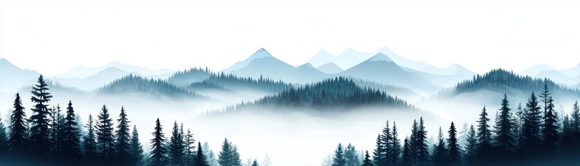 Atmospheric evergreen woodland with misty white sky transition perfect for sustainable living, hiking events, or seasonal greeting cards