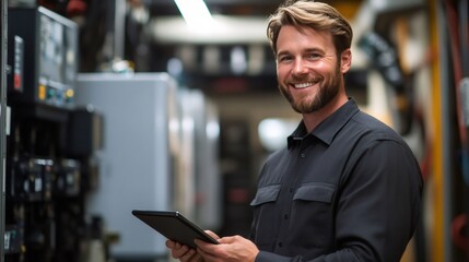 Smiling technician holding digital tablet, monitoring server room equipment