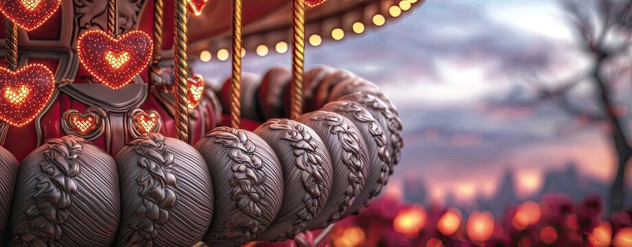 Levity and Laughter, a cheerful Valentine design of a spinning carousel with heart-shaped lights illuminating the atmosphere, surrounded by festive, vibrant colors and a glowing crowd