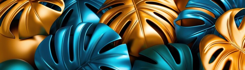 Bold and colorful monstera leaves in metallic finish ideal for luxury tropical decor, design elements, or artistic compositions