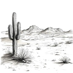 A rough sketch of a desert landscape with sand dunes and a single cactus